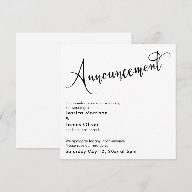 Elegant "Announcement" Postponed Wedding Card (Front/Back)