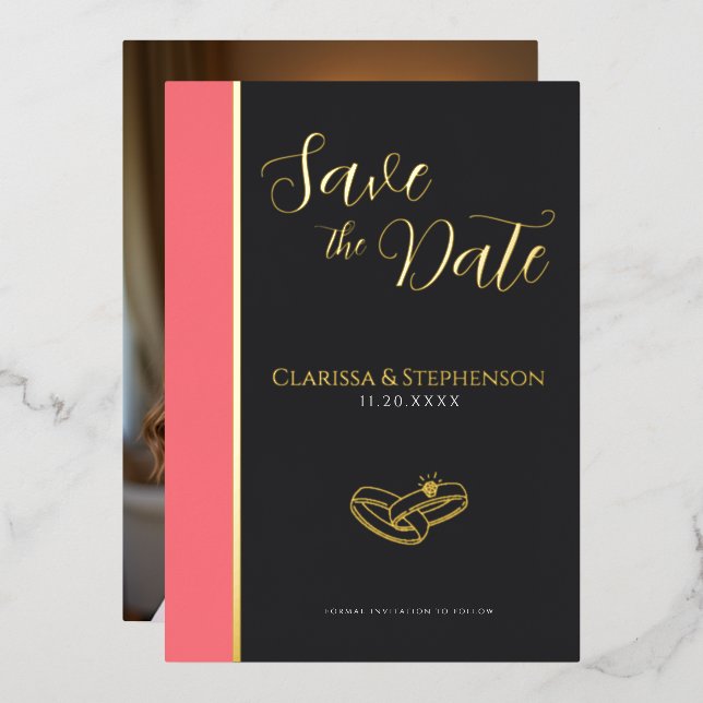 Elegant Anthracite Blush Pink Photo Save The Date Foil Invitation (Front/Back)