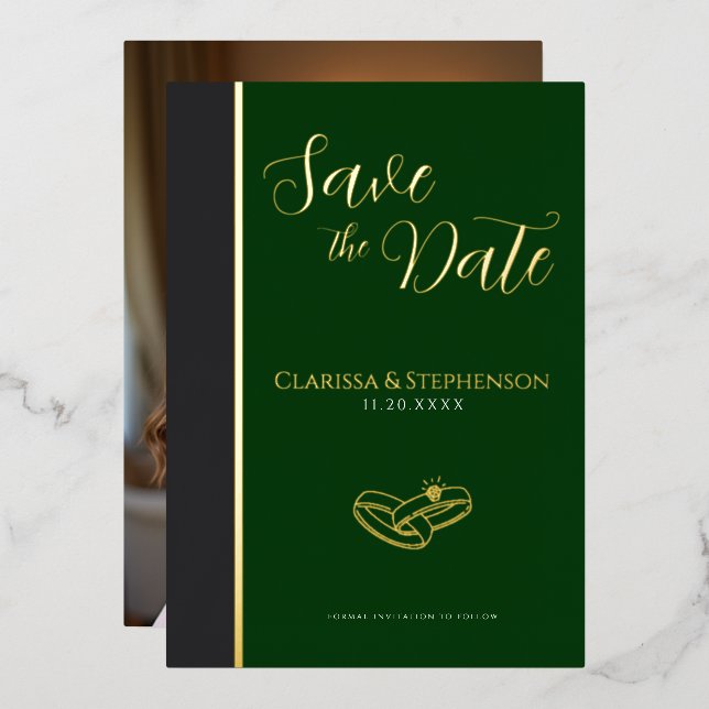 Elegant  Anthracite Dark Green Photo Save The Date Foil Invitation (Front/Back)