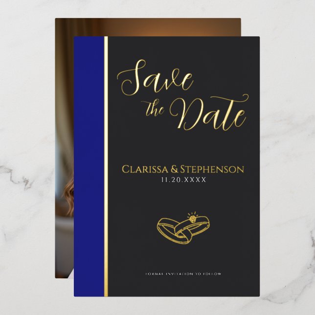 Elegant Anthracite Deep Blue  Photo Save The Date Foil Invitation (Front/Back)