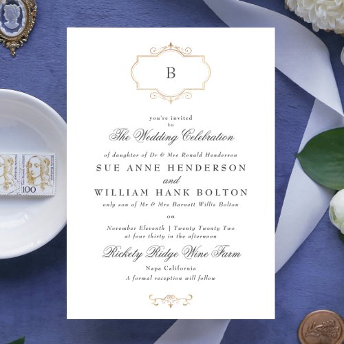elegant antique classic gold monogram wedding invitation