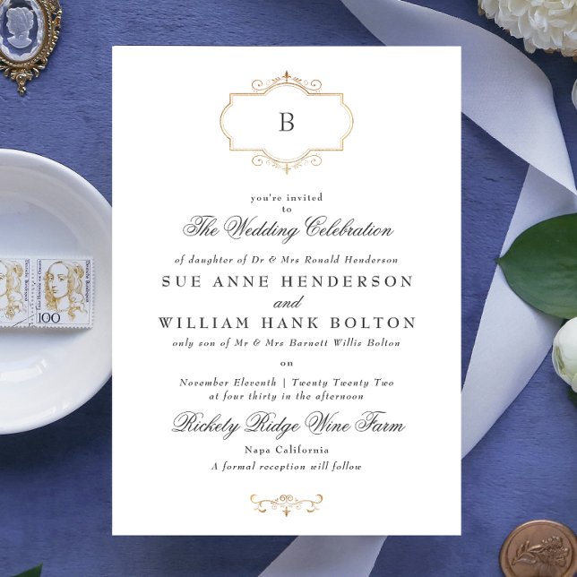 elegant antique classic gold monogram wedding invitation (Creator Uploaded)
