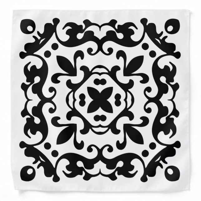 Elegant Antique Damask Black and White Pattern Bandana (Front)