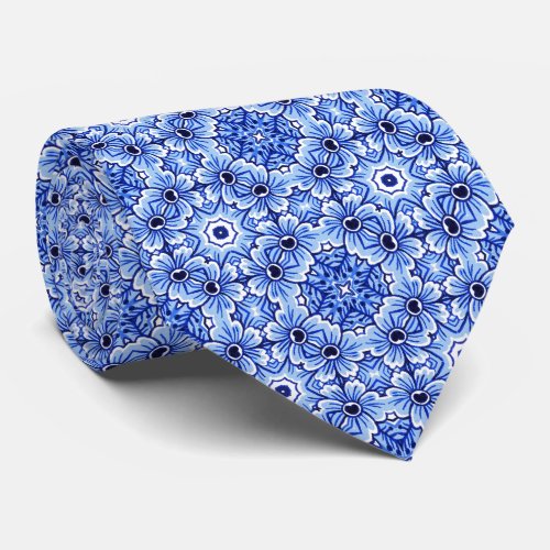 Elegant Antique Dutch Delft Blue Floral Pattern Tie