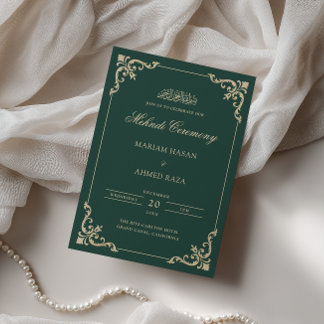 Elegant Antique Emerald Green Gold Mehndi Ceremony Invitation