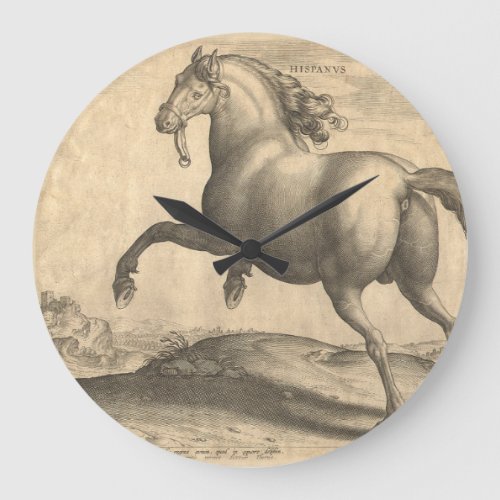 Elegant Antique Engraving of Spanish Horse Large Clock