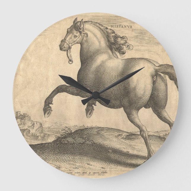 Elegant Antique Engraving of Spanish Horse Large Clock (Front)