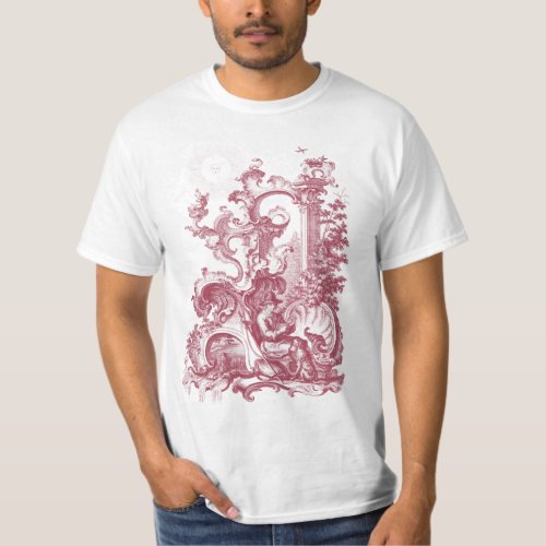Elegant Antique Engraving Red Toile Man and Dog T_Shirt