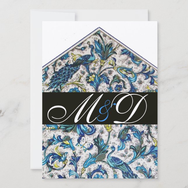 ELEGANT ANTIQUE FLORENTINE BLUE FLORAL MONOGRAM INVITATION (Front)