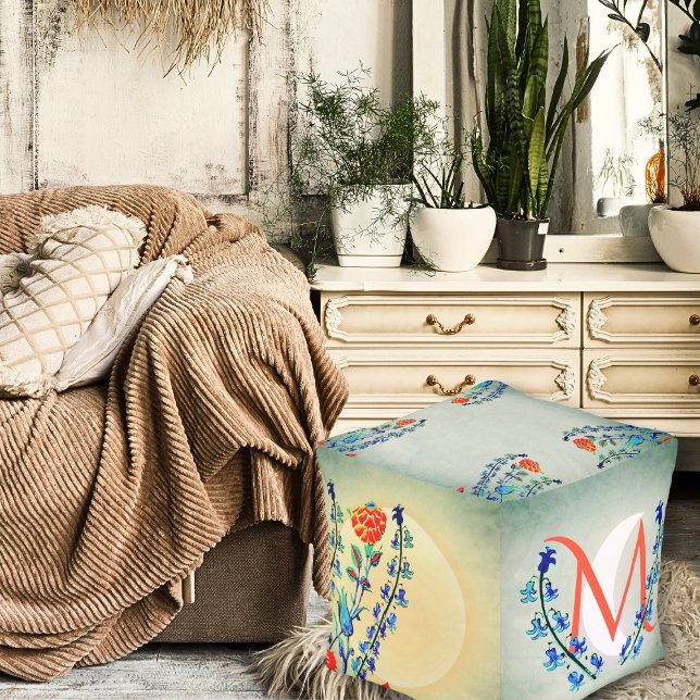 Elegant Antique Flowers Monogrammed Cube Pouf (Unwind in style with our Vintage Floral Monogrammed Cube Pouf, a fusion of comfort and elegance.)
