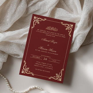 Elegant Antique Frame Gold Burgundy Nikah Ceremony Invitation