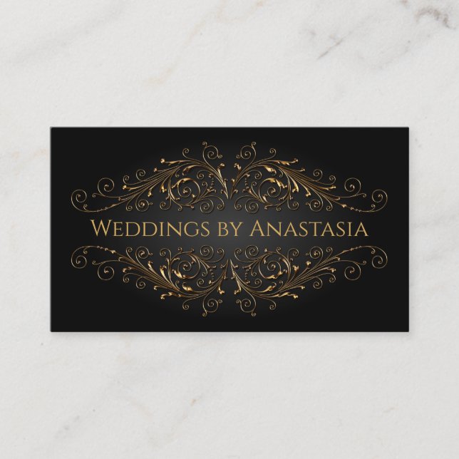Elegant Antique Gold Swirls Black Glow Business Card (Front)