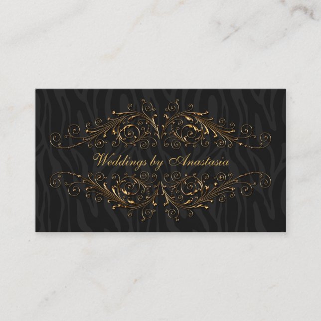 Elegant Antique Gold Swirls Zebra Stripes Business Card (Front)