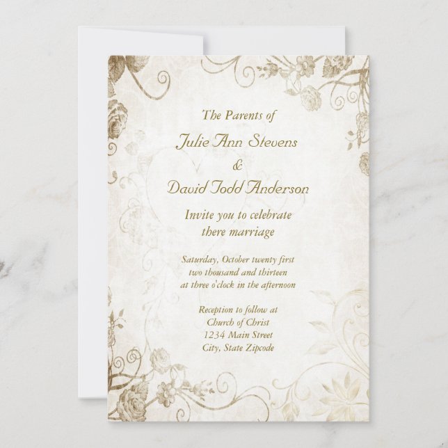 Elegant Antique Gold Vintage Wedding Invitation (Front)