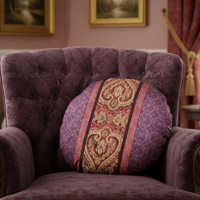 Elegant Antique Inspired Purple and Red Damask Round Pillow (Creator Uploaded)