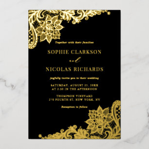 Elegant Antique Lace Black Wedding Gold Foil Invitation