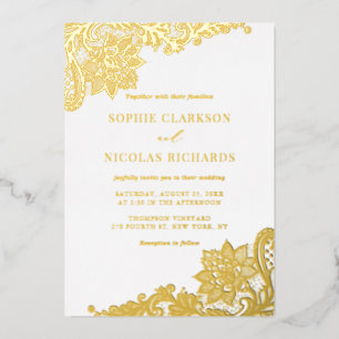 Elegant Antique Lace Rustic Wedding Gold Foil Invitation