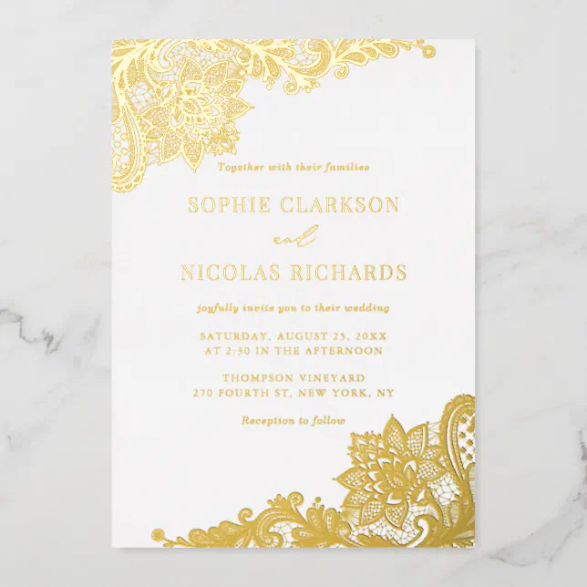 Elegant Antique Lace Rustic Wedding Gold Foil Invitation | Zazzle