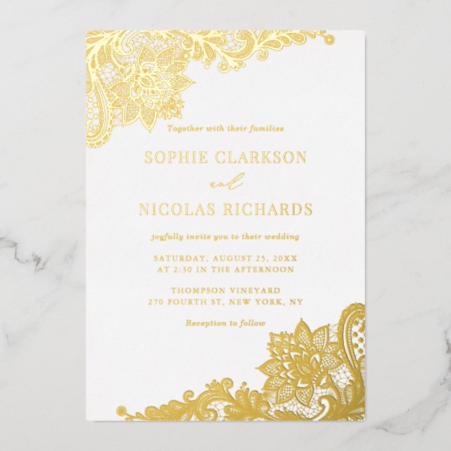 Elegant Antique Lace Rustic Wedding Gold Foil Invitation (Front)