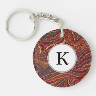 Elegant Antique Marbled Paper Burgundy and Gold Keychain