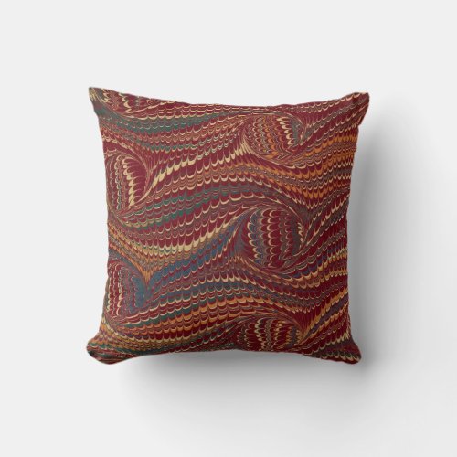 Elegant Antique Marbled Paper Burgundy and Gold Throw Pillow