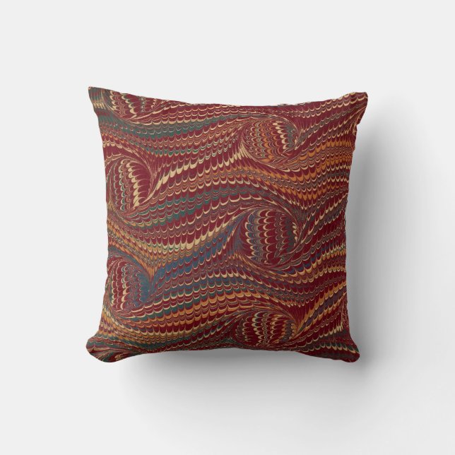 Elegant Antique Marbled Paper Burgundy and Gold Throw Pillow (Front)