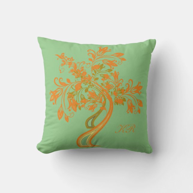 Elegant Antique Mint Green Orange Tree of Life Throw Pillow (Front)
