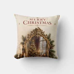 Elegant Antique Mirror Christmas, Vintage European Throw Pillow