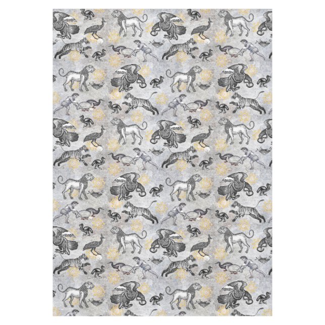 Elegant Antique Mosaic Gray Gold Tiger Lion Eagle Tablecloth (Front)