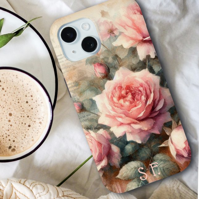 Elegant Antique Pink Rose Floral Monogram Script Case-Mate iPhone Case (Creator Uploaded)