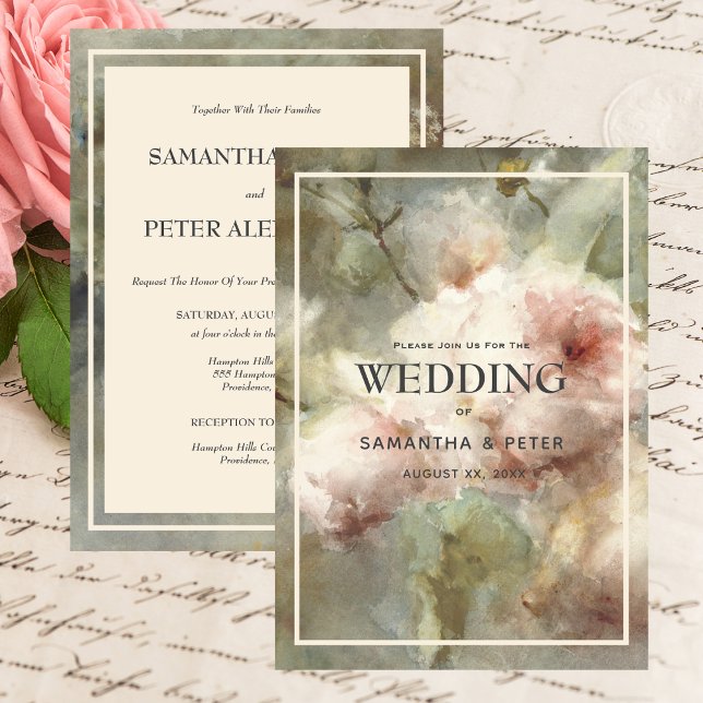 Elegant Antique Roses, Soft Pink Watercolor Floral Invitation (Elegant Antique Roses, Soft Pink & Green Wedding Invitation)