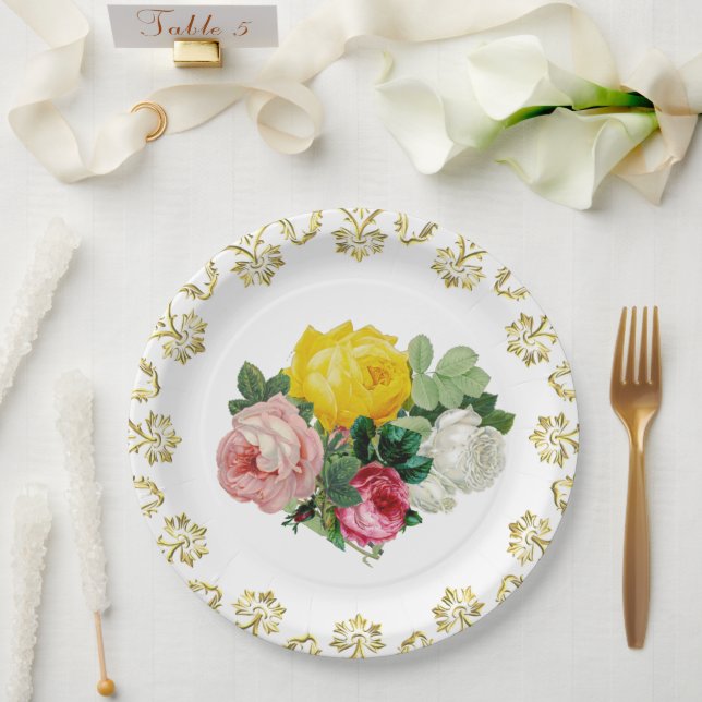 Elegant Antique Roses with Gold Floral Wedding  Paper Plates (Wedding)