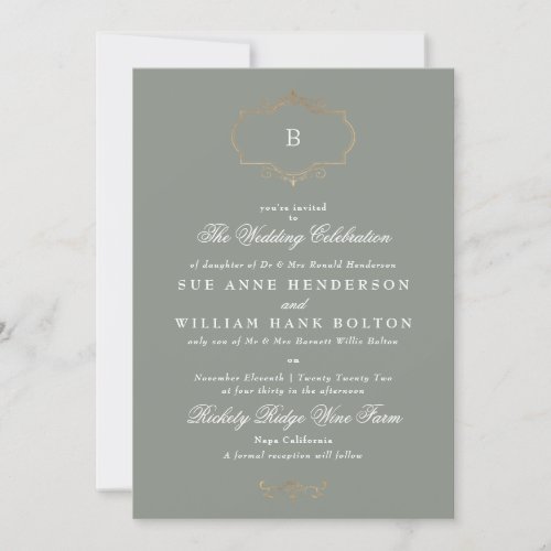 elegant antique sage classic gold monogram wedding invitation