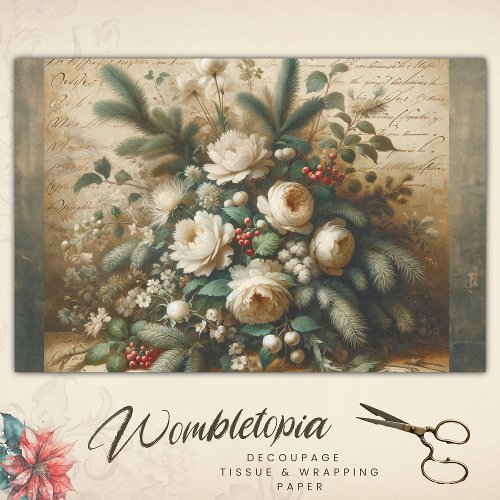 Elegant Antique Scripted Winter Floral Decoupage Tissue Paper