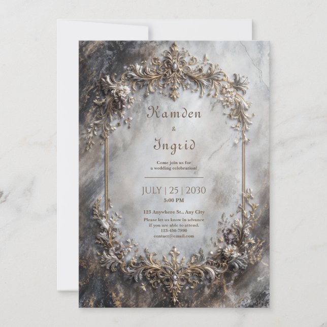Elegant Antique Silver Gold Baroque Marble Wedding Invitation (Front)