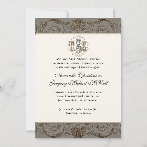 Elegant Antiqued Gold Baroque Custom Monogrammed 5 Invitation