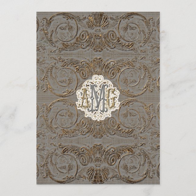 Elegant Antiqued Gold Baroque Custom Monogrammed Menu (Front)