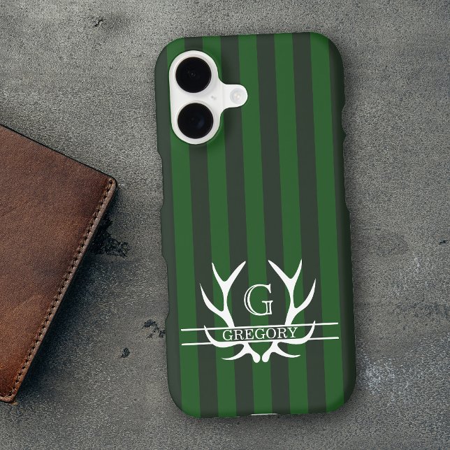 Elegant Antlers Monogram Green Stripes Case-Mate iPhone Case (Creator Uploaded)