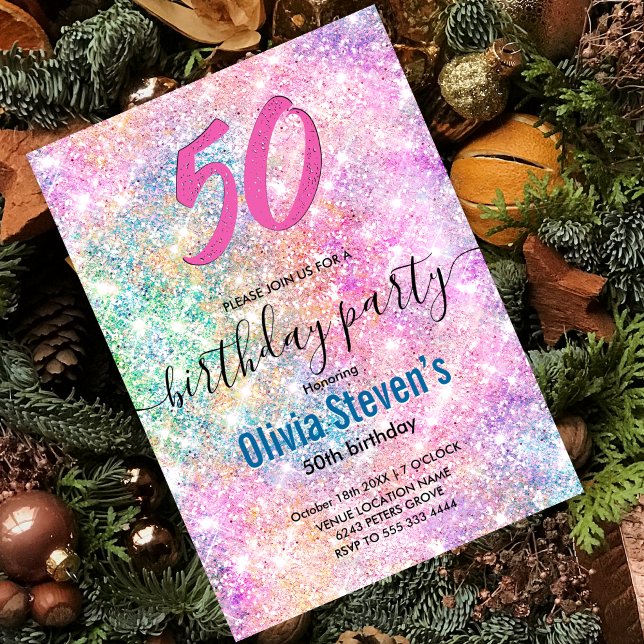 Elegant any age iridescent unicorn rainbow glitter invitation (Creator Uploaded)