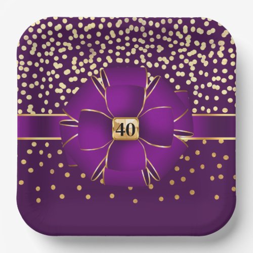 Elegant ANY AGE purple gold shiny ribbon bow fancy Paper Plates