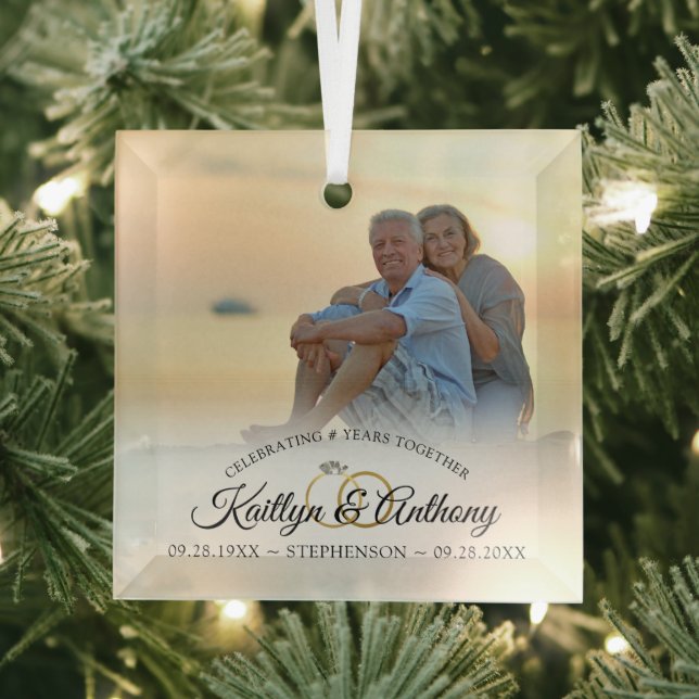 Elegant Any Anniversary Photo Calligraphy Script Glass Ornament (Insitu)