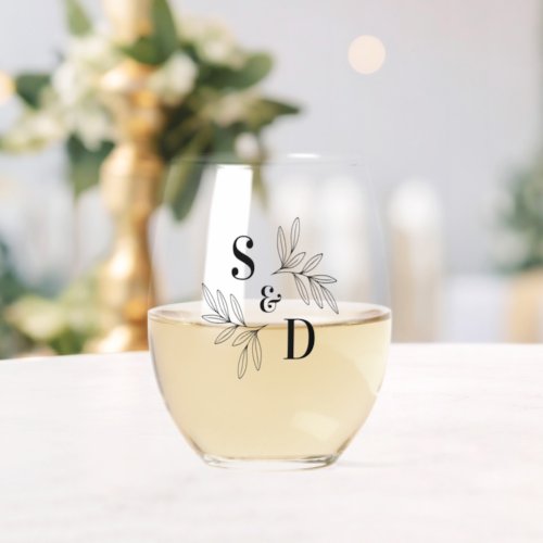 Elegant any color wedding monogram greenery leaves stemless wine glass