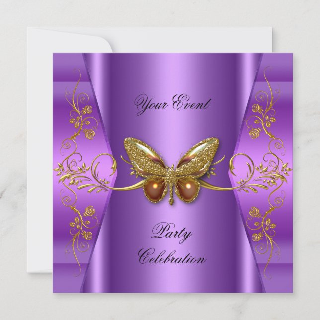 Elegant Any Event Party Purple Gold Butterfly Invitation (Front)