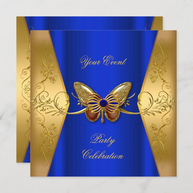 Elegant Any Event Party Royal Blue Gold Butterfly Invitation (Front/Back)