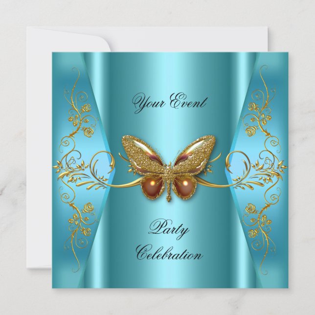 Elegant Any Event Party Teal Blue Gold Butterfly Invitation (Front)