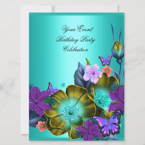 Elegant Any Event Party Teal Purple Gold Flowers Personalized Announcements