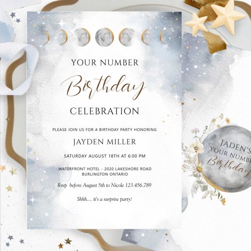 Elegant Any Number Silver Gold Celestial Birthday Invitation