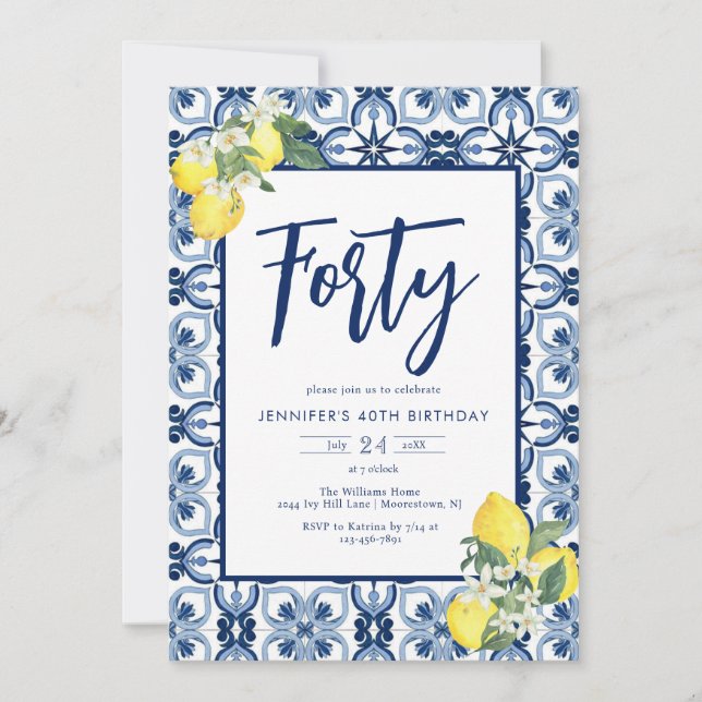 Elegant Any Year Lemon Mediterranean Tile Birthday Invitation (Front)