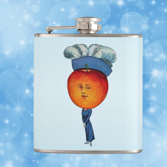 Elegant Apple Head Lady Feather Hat Flask (Anthropormorphic apple head lady fancy blue dress feathered hat on light blue drinking flask.)