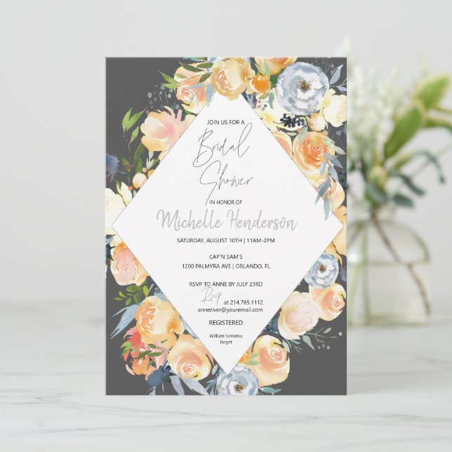Elegant Apricot Charcoal Floral Bridal Shower  Invitation (Standing Front)